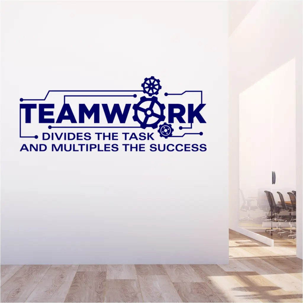 LARGE teamwork wall decal graphic displayed on entryway to conference room in a modern work space. By The Simple Stencil