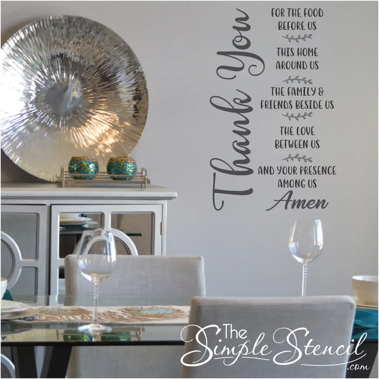 Enhance your dining room's ambiance with our durable and long-lasting "Thank you for the food before us" vinyl wall decal, crafted from high-quality vinyl.