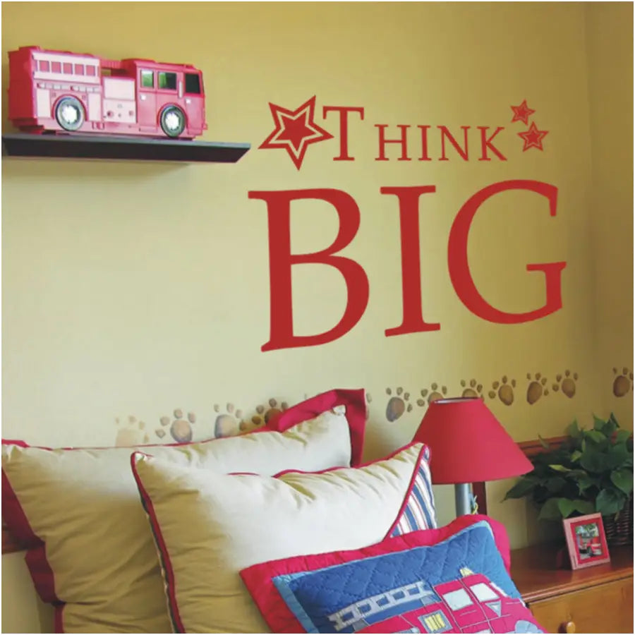 Think Big vinyl wall decal with stars sprinkled across top adds a nice touch to this boys bedroom decor to encourage big things in life!