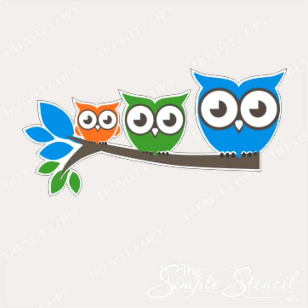 Three colorful cartoon owls, large to small, perched on a branch. Die-cut on white vinyl with a fun and whimsical design.