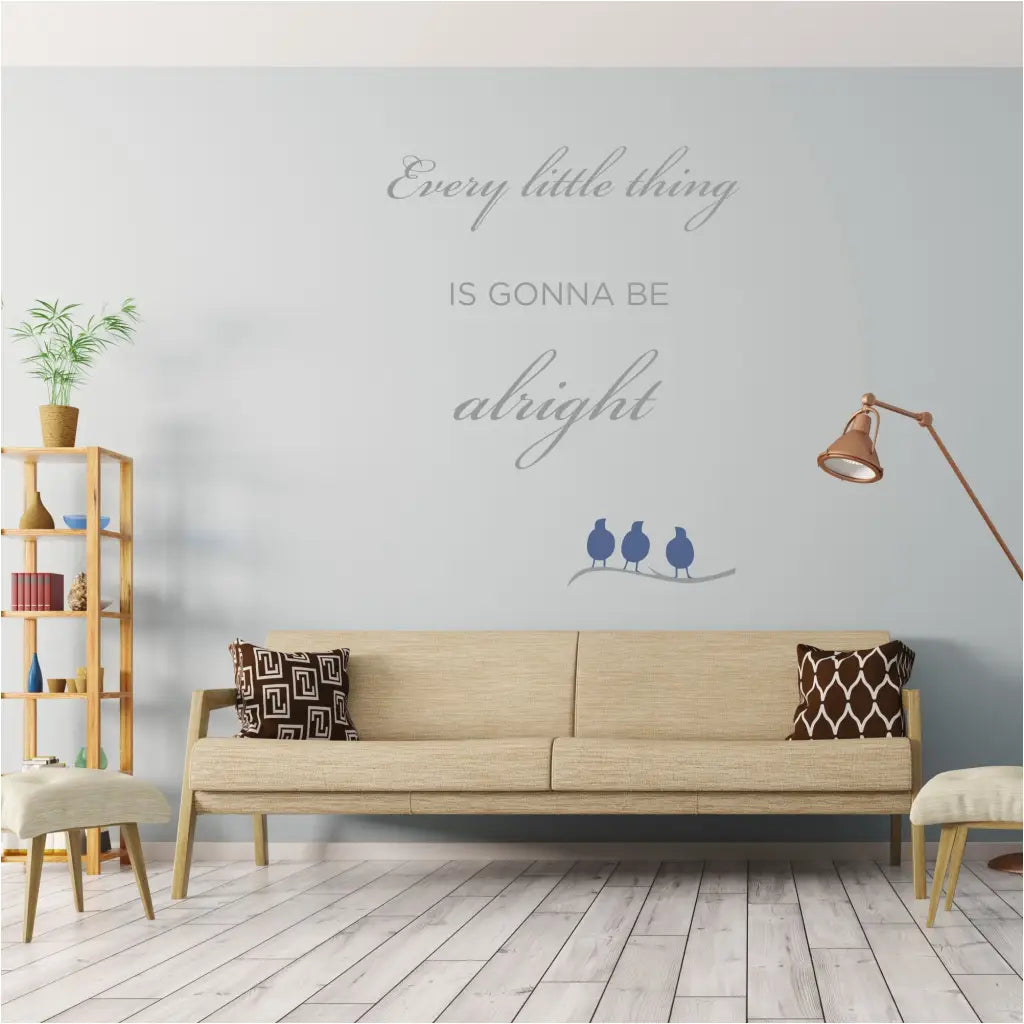 Bob Marley's three little birds lyrics inspired this beautiful uplifting wall decal that reads: Every little thing is gonna be alright by The Simple Stencil and includes three little birds. 