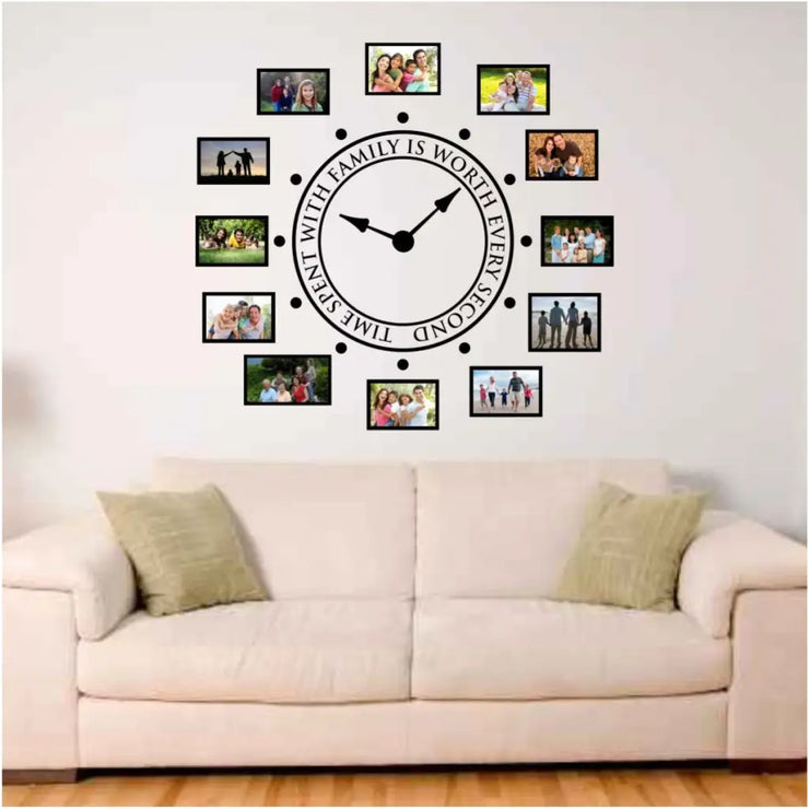 Time spent with family is worth every second. Large wall clock picture display idea for Family Room decor by The Simple Stencil