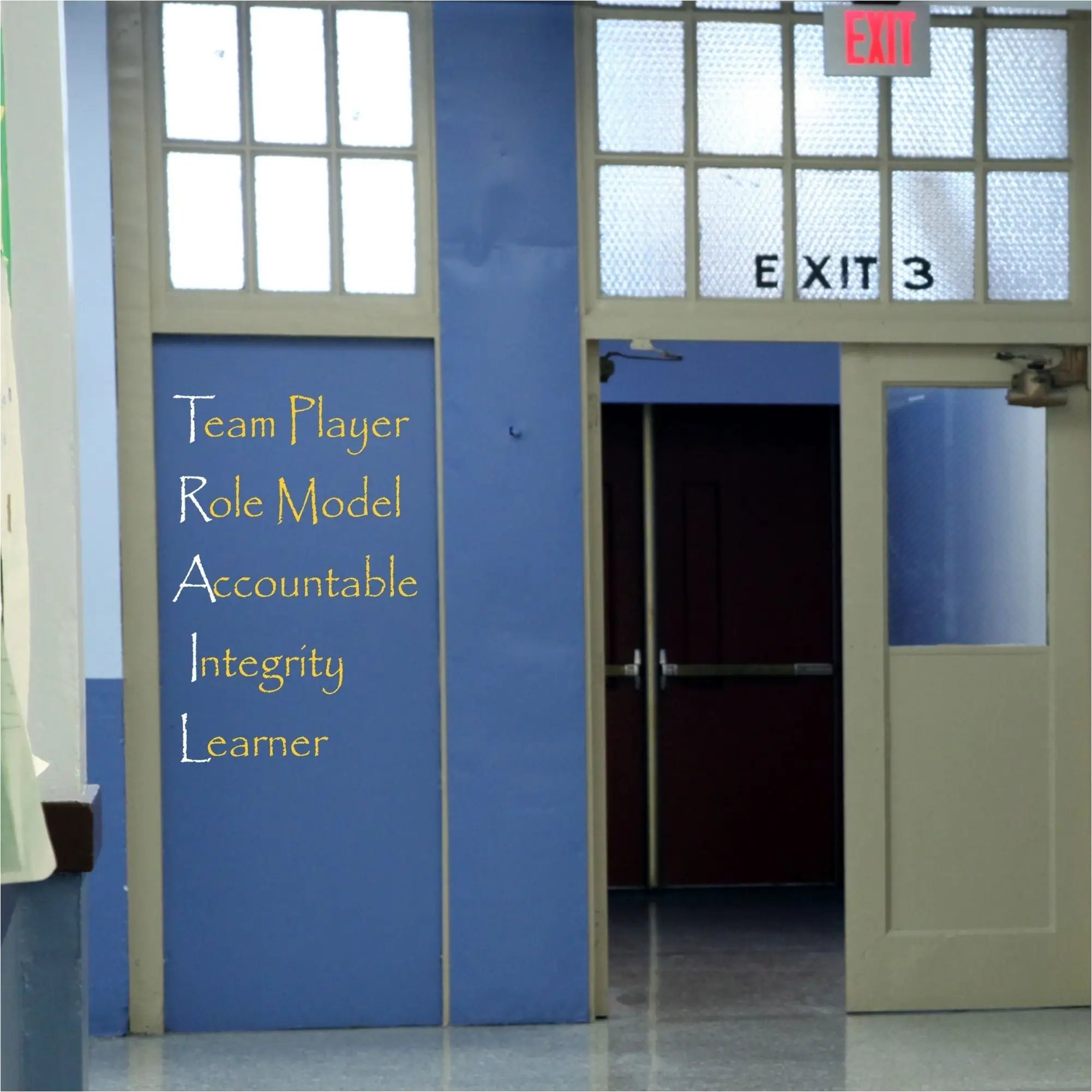 TRAIL - Team Player, Role Model, Accountable, Integrity, Learner - Custom wall decal design for a teacher to display on the walls of her classroom to promote the TRAIL model. Order in colors to match your school, many sizes available. The Simple Stencil for Schools