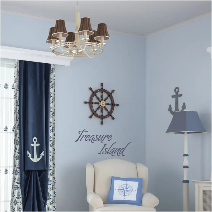 Treasure Island vinyl wall decal by The Simple Stencil applied to a blue pirate themed boy&