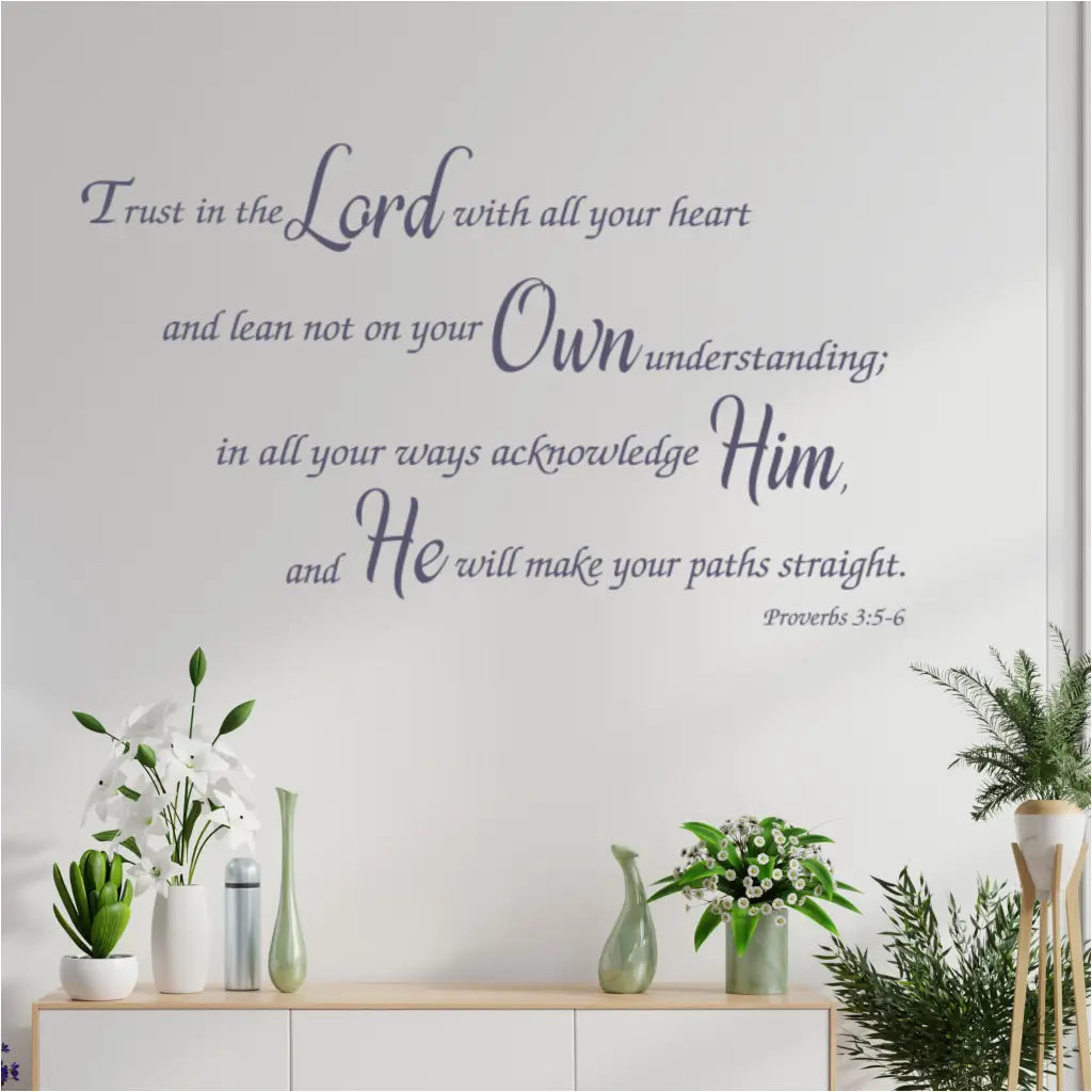 Trust in the Lord with all your heart Proverbs 3:5-6 bible verse wall decal displayed beautifully on a church foyer wall. Design decal designed and sold by TheSimpleStencil.com