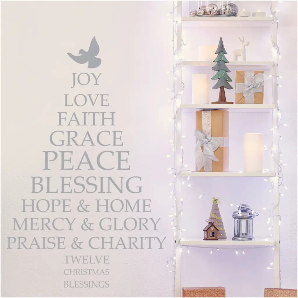 Twelve Christmas Blessings with word art shaped like a Christmas Tree that reads: Joy, Love, Faith, Grace, Blessing, Hope & Home, Mercy & Glory, Praise & Charity. in the shape of a Christmas tree makes this the perfect solution for holiday decorating. 