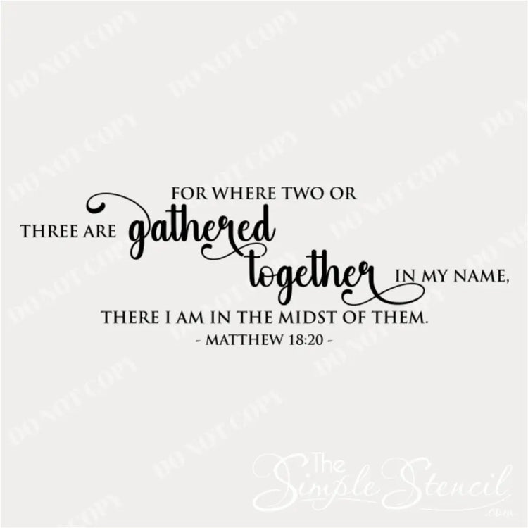 Close-up of "Where two or three are gathered" Matthew 18:20 wall decal in a whimsical style.
