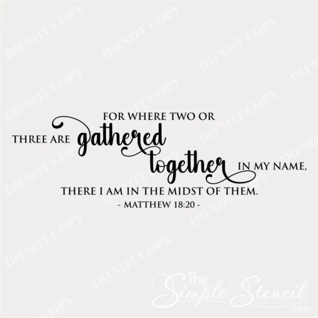 Close-up of "Where two or three are gathered" Matthew 18:20 wall decal in a whimsical style.
