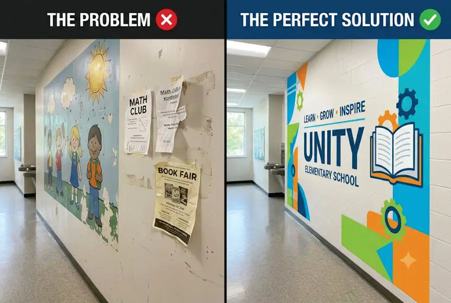 Unity elementary school’s vibrant, modern wall mural featuring bold geometric shapes and a central open book graphic.