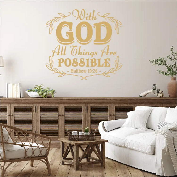  Inspirational Matthew 19:26 wall decal in complemented fonts, adding a touch of faith and nature to your home or church.