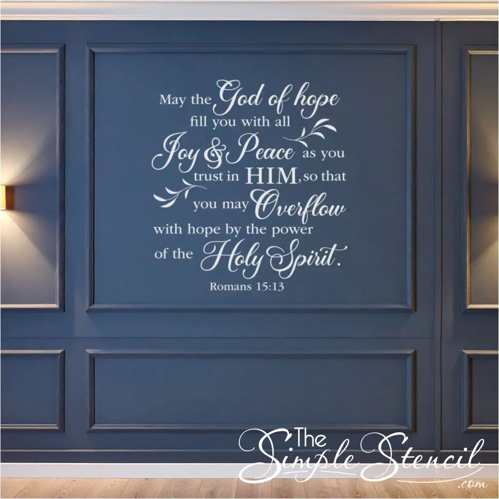 Romans 15:13 Bible verse decal in a contrasting color displayed on a darker accent wall in church.
