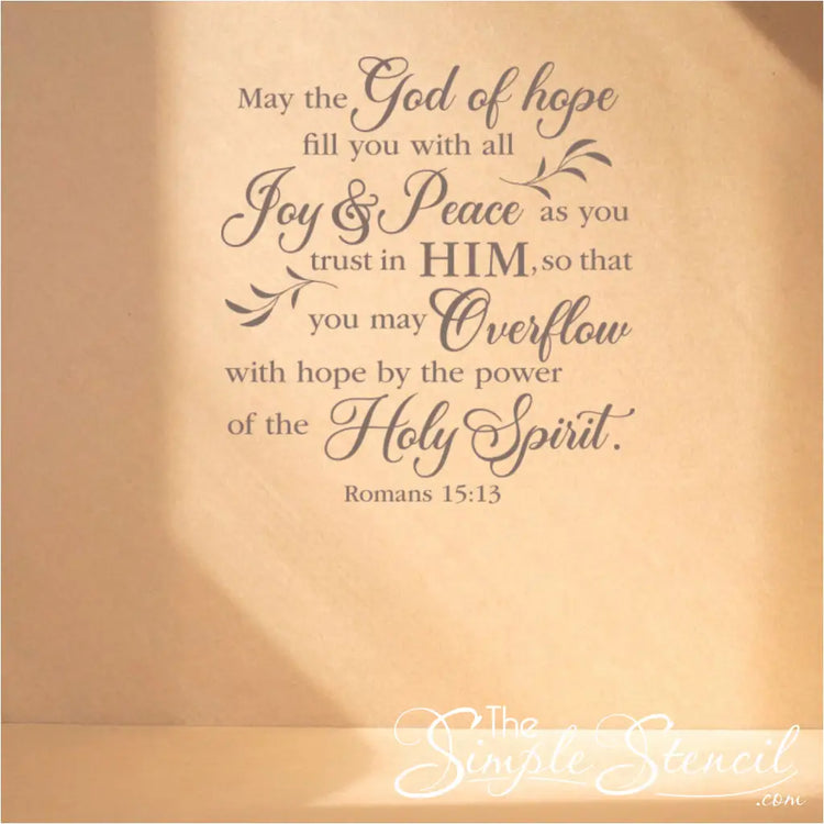 Biblical verse about hope, joy, peace, and the Holy Spirit on a beige background.
