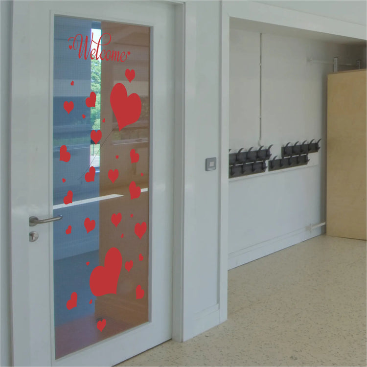 Valentines day peel and stick hearts red heart decals with welcome script for glass door decoration