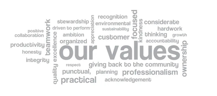 Gray our values word cloud high quality wall decal on white background for office wall and business meeting room decor