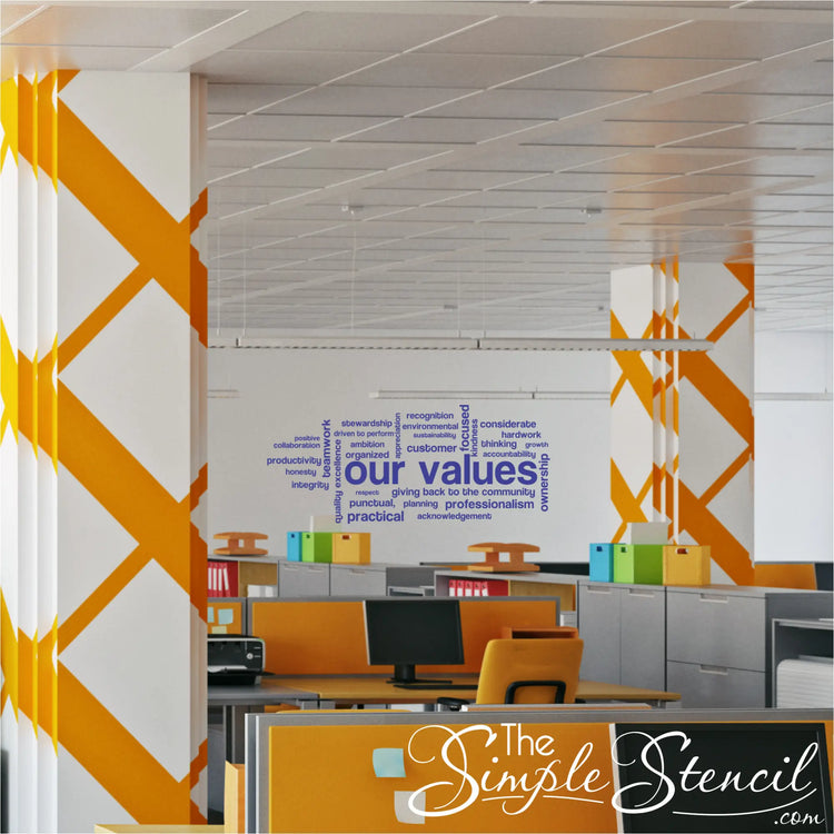 A high quality orange and white geometric wall decal for office wall and business meeting room decor