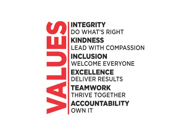 Red and black values wall decal displaying core company values on white background for promoting positive work environment