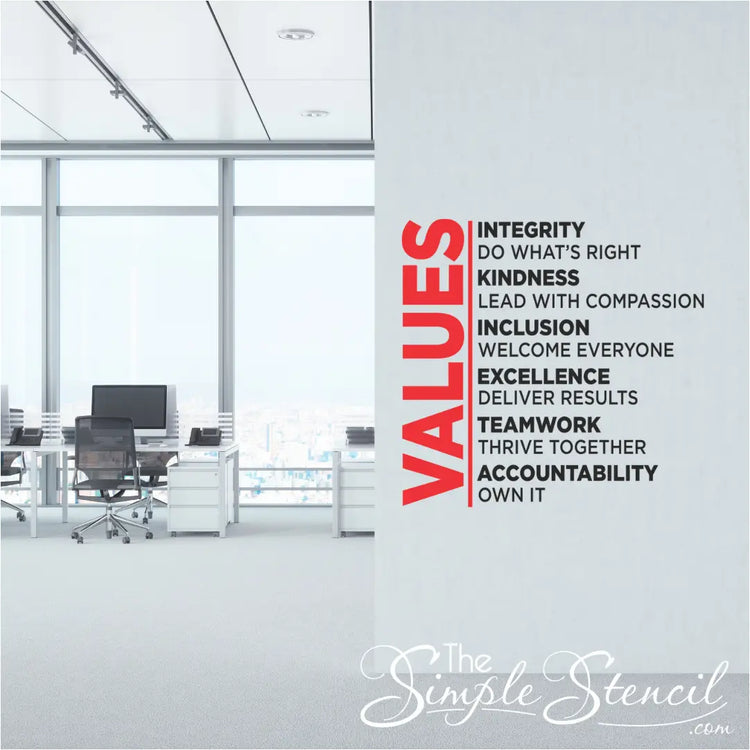 Red and black values wall decal with bold vertical text promoting teamwork integrity and inclusion for businesses