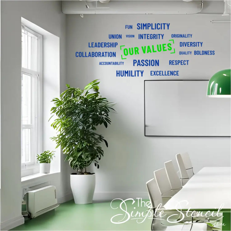 Our Values Word Wall in Brilliant Blue and Lime Green to add color and inspiration to a business meeting room wall. 