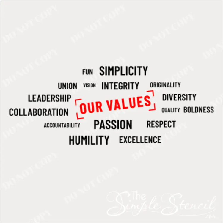 Close-up of the "OUR VALUES" decal with individual value words arranged in a creative pattern
