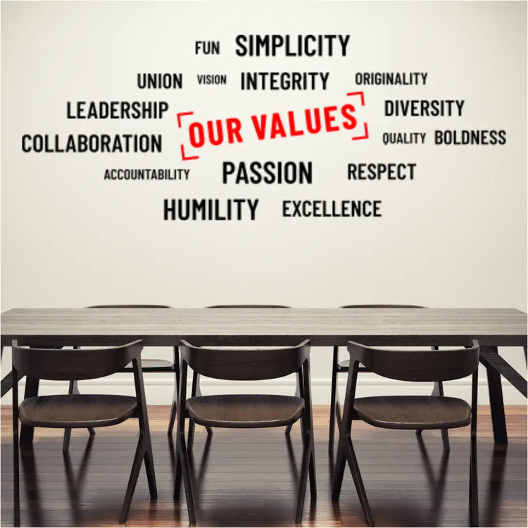 "Our Values" wall decal set displayed in a modern office space.