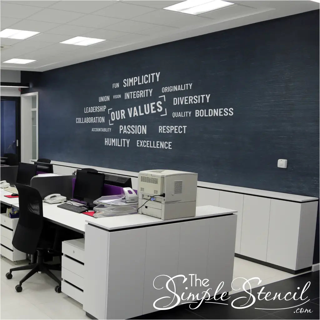 "Our Values" wall decal set in a vibrant color scheme, adding a pop of energy to a workspace.