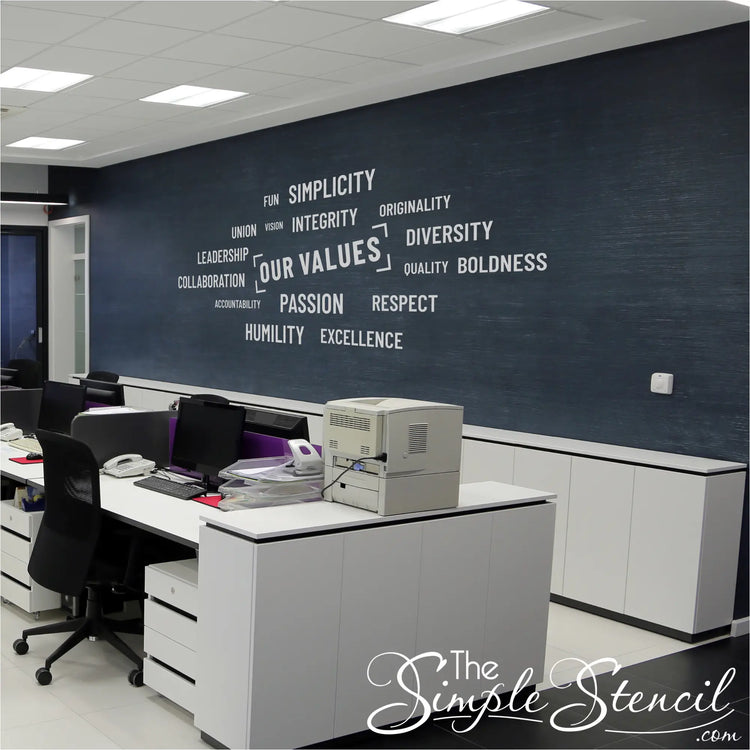 "Our Values" wall decal set in a vibrant color scheme, adding a pop of energy to a workspace.