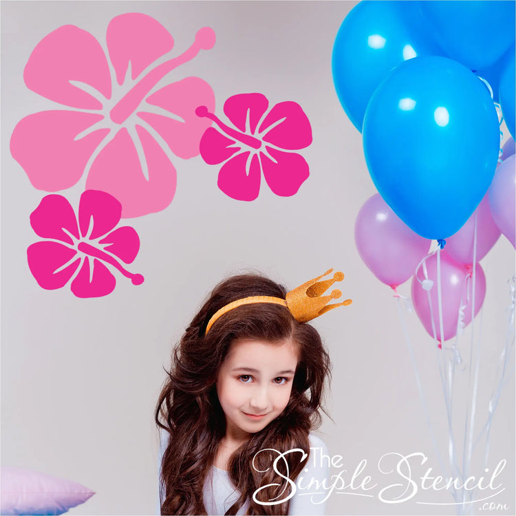 Artistic rendering of a hibiscus flower decal bringing instant summer ambiance to a girls party setting
