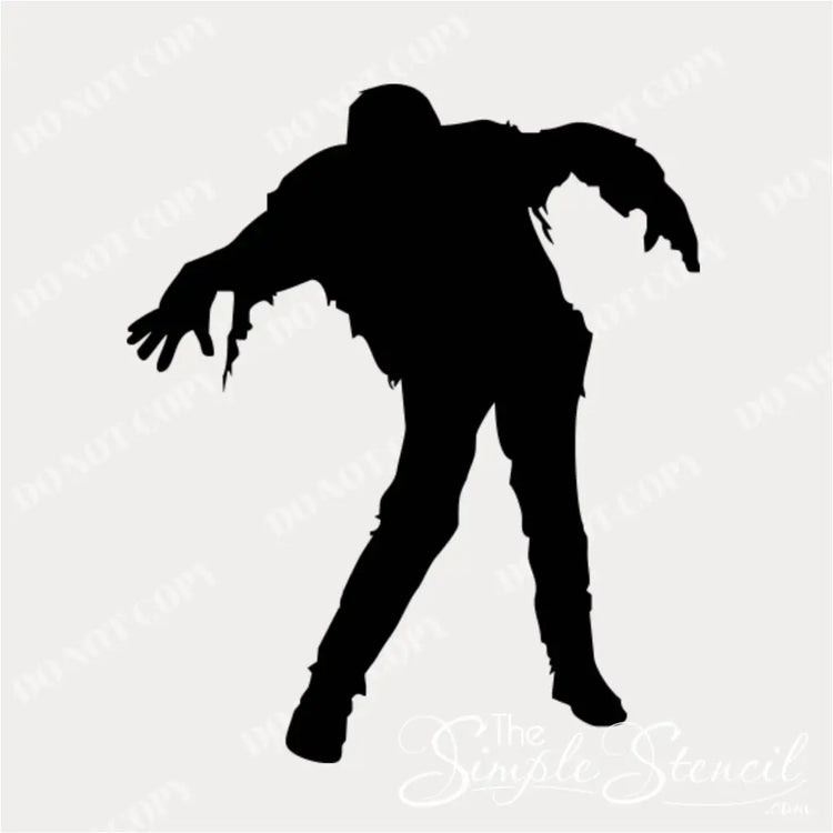 A plain black silhouette of a walking zombie figure, with ripped clothing and outstretched arms, for vinyl decal production by The Simple Stencil - DO NOT COPY. 
