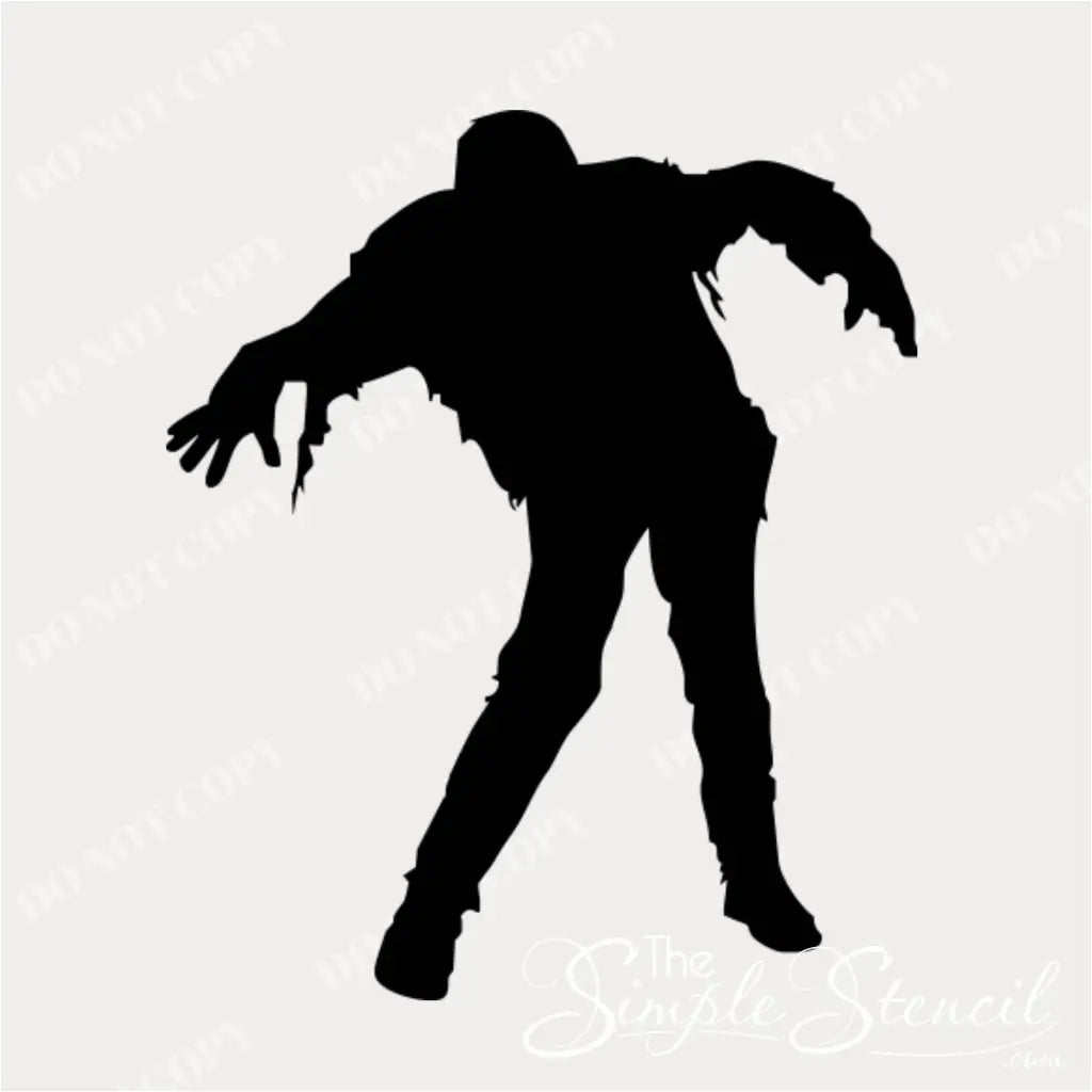 A plain black silhouette of a walking zombie figure, with ripped clothing and outstretched arms, for vinyl decal production by The Simple Stencil - DO NOT COPY. 