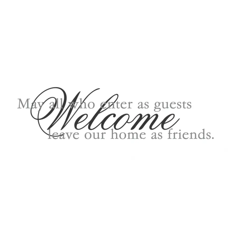 Welcome - Guest & Friends - drawing of wall decal design by  The Simple Stencil - Reads: Welcome in one color and May all who enter as guests leave our home as friends.  
