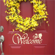 Welcome decal in a classic style with flower embellishment shown installed on a red door using the ivory color. Looks painted on but it's removable when ready for a change! 
