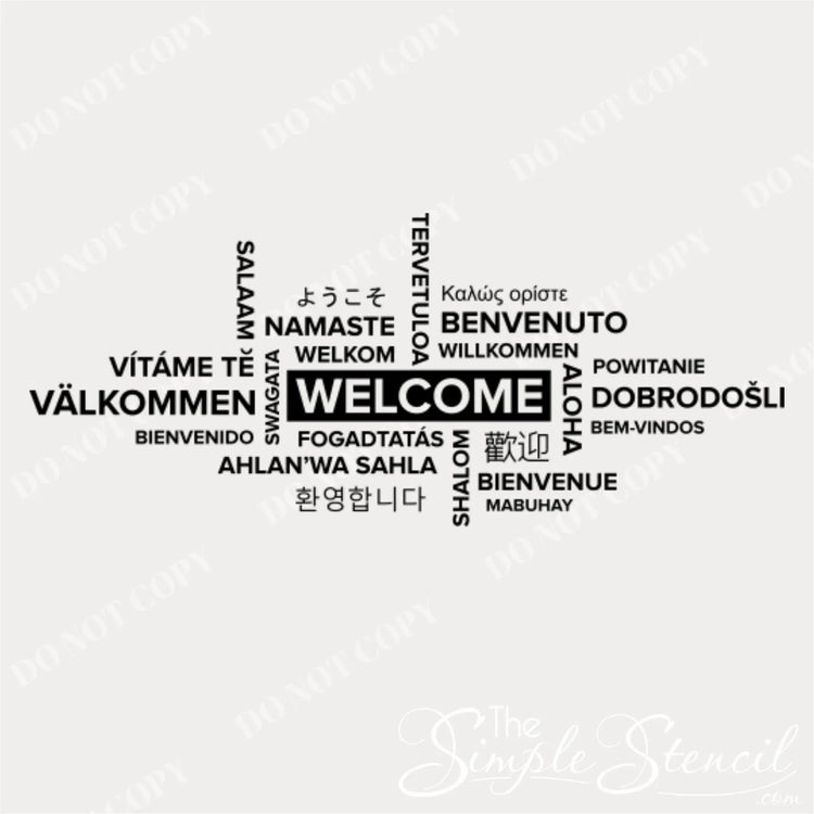 Close-up of the "Welcome" in various languages vinyl decal, showing legible translations.