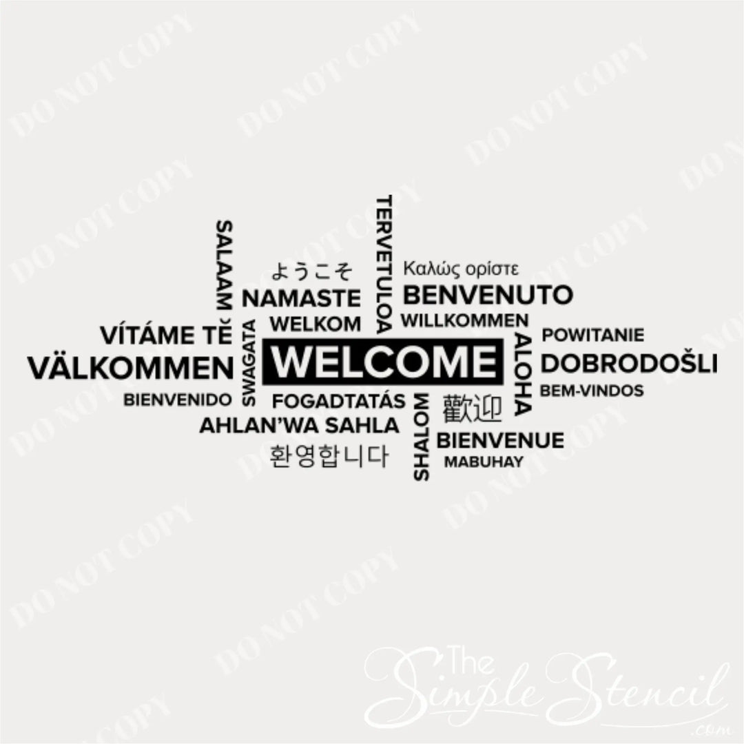 Close-up of the "Welcome" in various languages vinyl decal, showing legible translations.