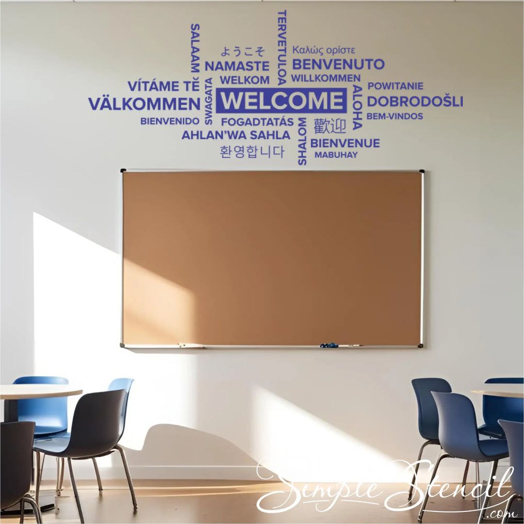 A high-resolution image of a wall decal in a language arts classroom with a welcoming aesthetic. The phrase 'Welcome' is presented in a myriad of global languages