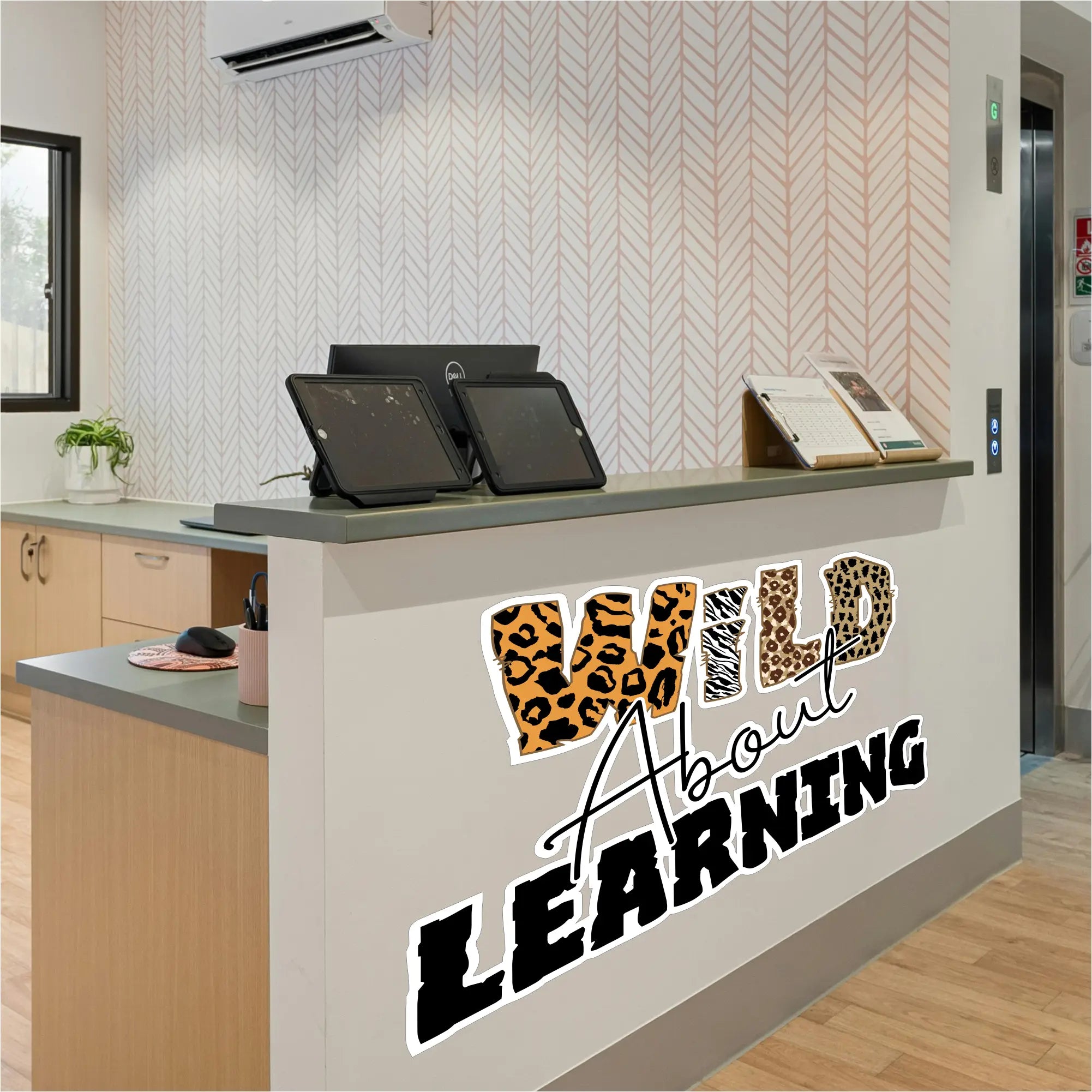 Wild about learning wall decal with leopard print and zebra stripes for vibrant classroom decor with animal prints