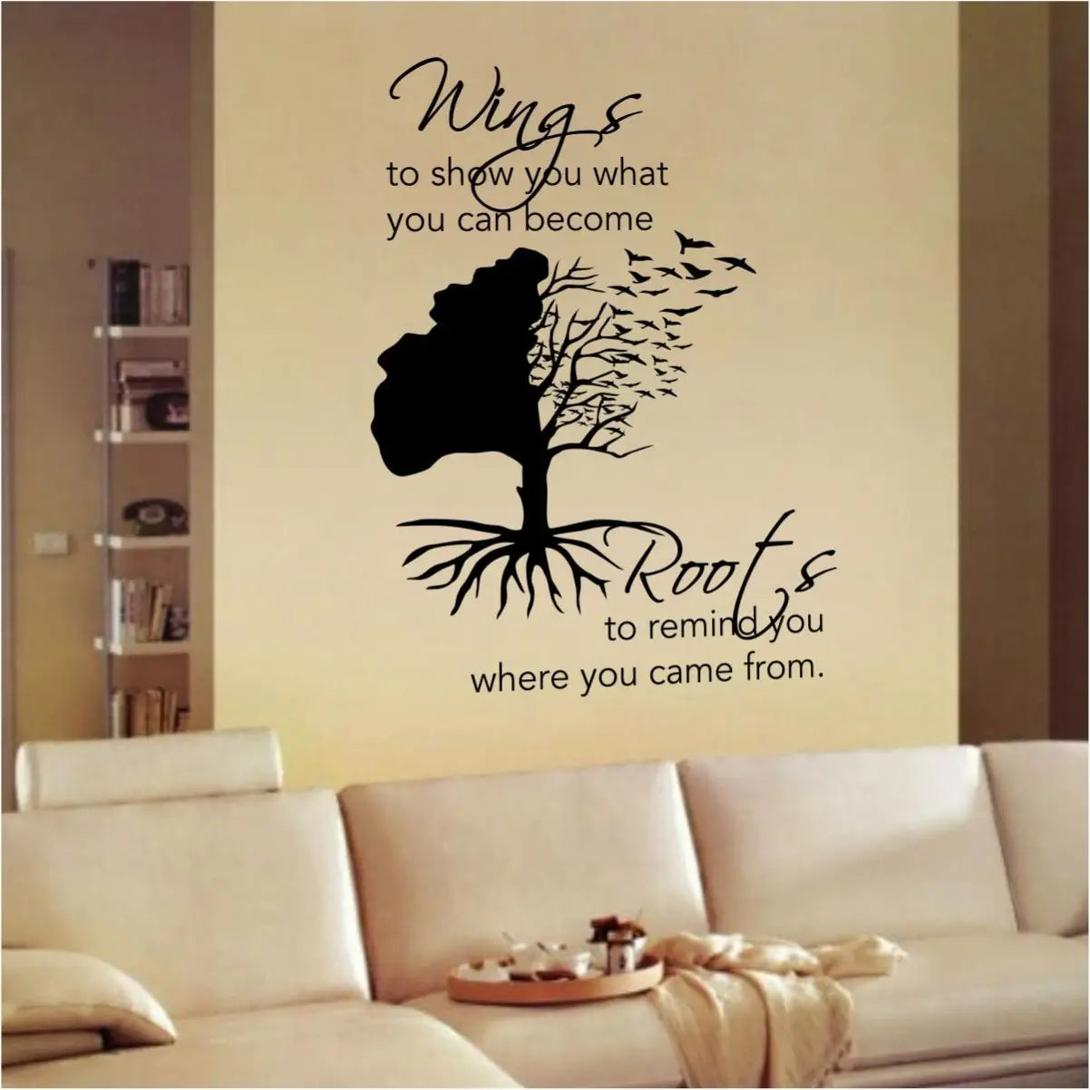 Wings to show you what you can become, Roots to remind you where you come from. This inspirational wall decal includes a beautiful vinyl tree decal where the tree branches turn into a flock of flying birds.