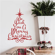 Beautiful tree art for Christmas that reads: We wish you a merry christmas in the shape of a christmas tree. Easy to install and remove makes this the perfect christmas tree decor for small apartments or business entryways. 