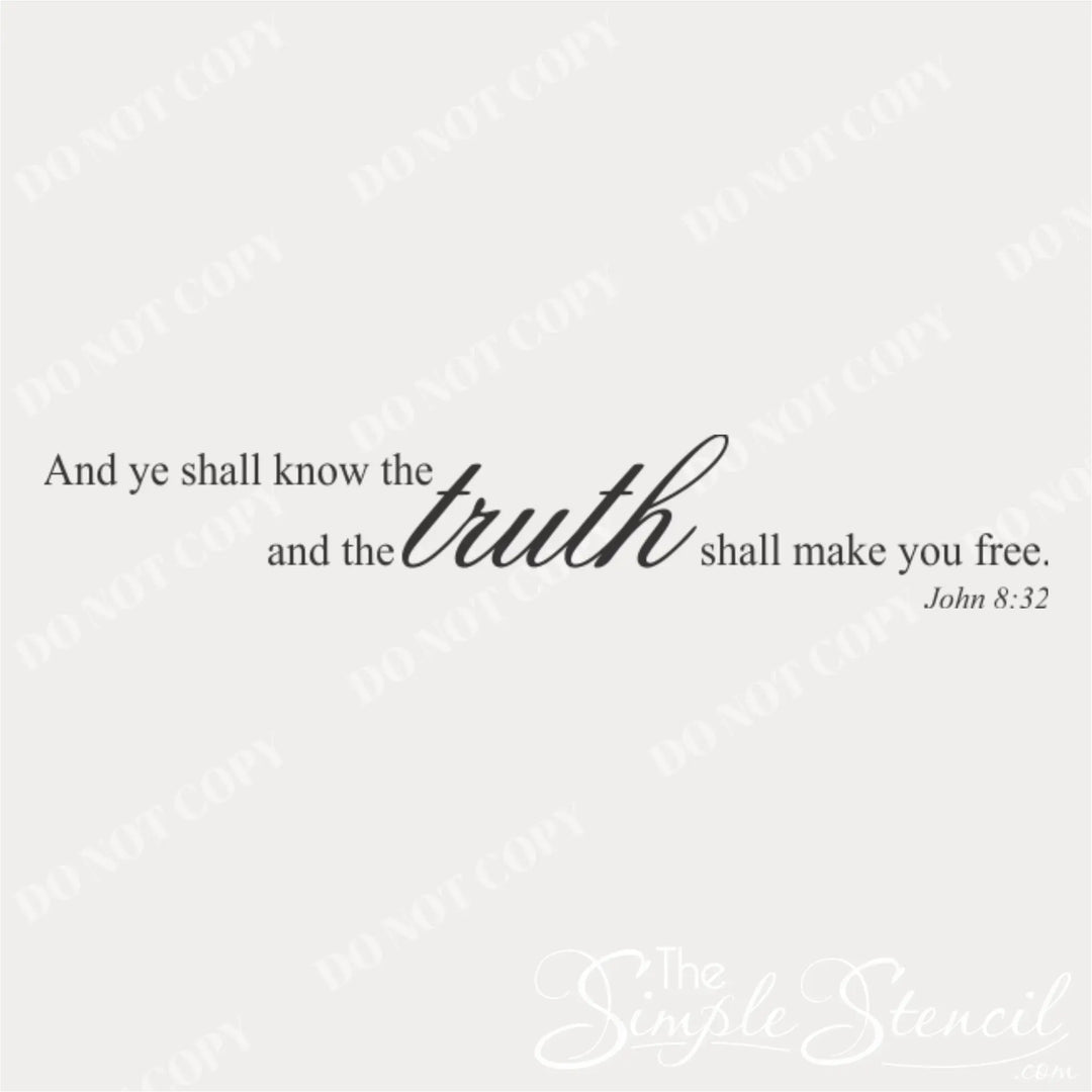 Clean graphic mockup of the John 8:32 'Truth shall make you free' decal, showing the detailed layout and font choices against a neutral background.
